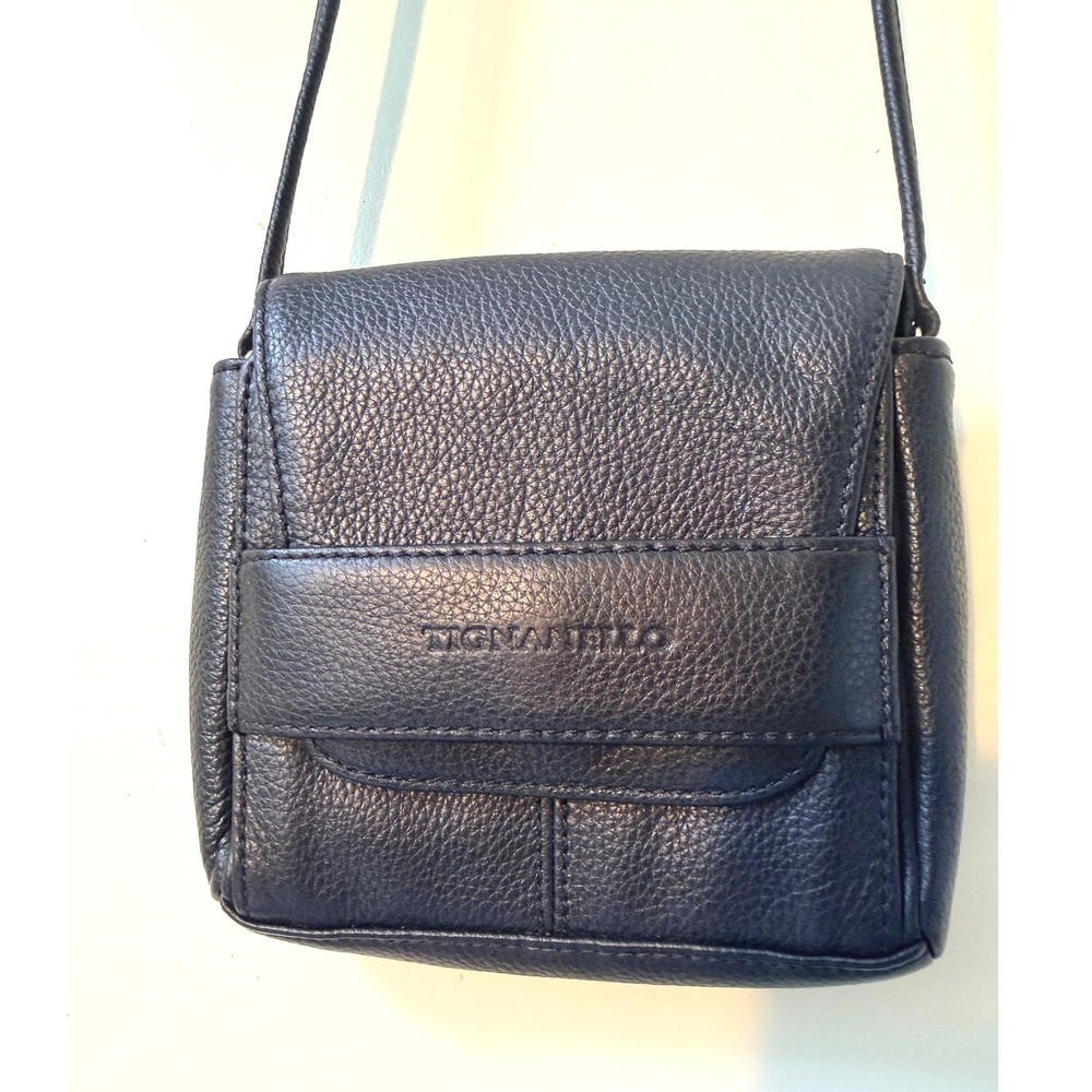 Tignanello Black Pebbled Leather Mini Crossbody Organizer Bag Striped Lining